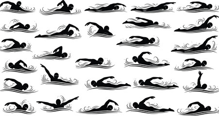 Black silhouettes of professional swimmers swimming in water with waves for summer sports competition training and aquatic fitness exercise design