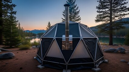 A modern geodesic dome tent featuring a stainless steel stove chimney, positioned on a pine needle-covered shore overlooking a serene lake with mountains and forests in the background during twilight.