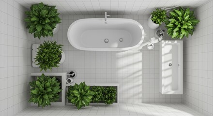 Minimalist Bathroom Oasis - Top View of Bathtub and Lush Green Plants.