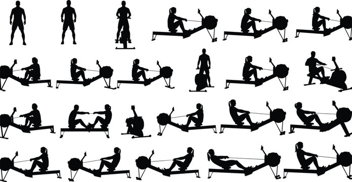 Black silhouettes of people using rowing machines for cardio fitness training gym workout and healthy active lifestyle on white background