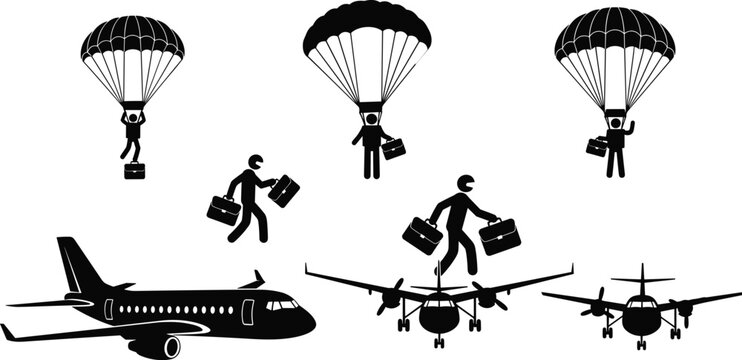 Black silhouettes of skydivers with parachutes jumping from airplanes and businessmen with briefcases for travel aviation and extreme success concept