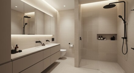 Modern Bathroom Design with Walk-in Shower and Sleek Vanity.