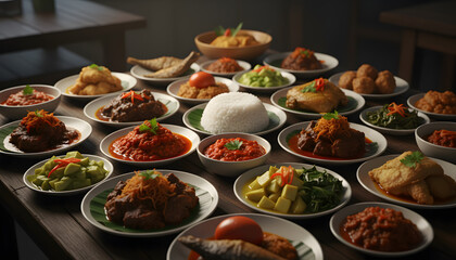 Traditional Indonesian Nasi Padang spread with various authentic dishes