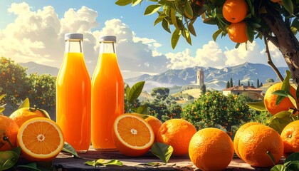 Freshly Squeezed Orange Juice Bottles with Picturesque Orchard Scenery Backdrop