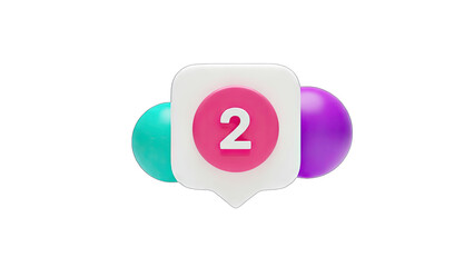 3D Number 2 notification icon with colorful bubbles on transparent background