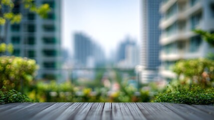 Urban Oasis Lush greenery contrasts with blurred city skyline.