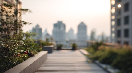 Urban Oasis Rooftop Garden Serenity with City Skyline Backdrop.