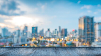 Blurred Cityscape Bokeh Lights  Wooden Deck  Urban Evening Backdrop.