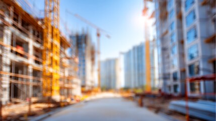 Blurred Cityscape Construction Cranes with Buildings, and and Blue Sky.