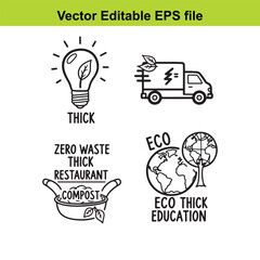  vector editable eco education icons with truck and light bulb and compost bowl isolated on white background
