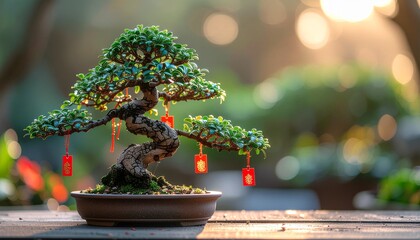 Hongbao-Laden Bonsai Tree. Lunar New Year 2026 (Year of the Horse). A small, perfectly shaped bonsai tree decorated with mini red envelopes hanging from its branches, symbolizing growth and wealth.
