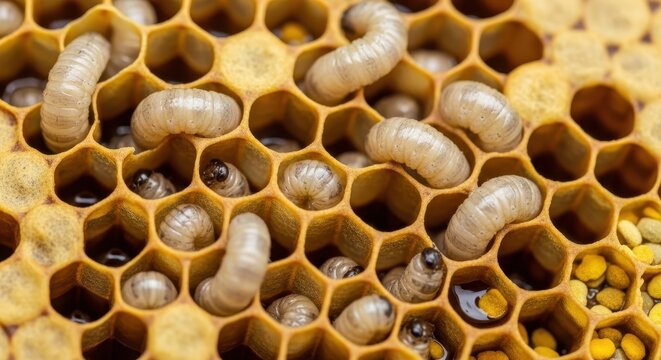 Macro photo presenting bee larvae in a honeycomb showing growth stages and natural structure