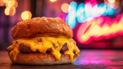 Gourmet Cheeseburger Temptation in Neon City Night Glow.