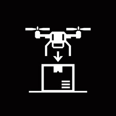 White icon of a drone delivering a package, symbolizing modern logistics and automated delivery services.