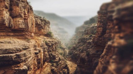 Majestic canyon walls tower over a dusty with remote valley under overcast skies.