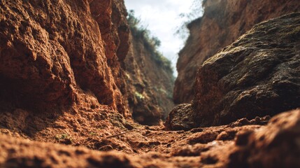 Deep Earth Canyon Passage Textured Soil and Sky Above.