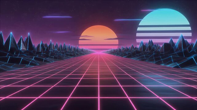 Retro Futuristic Landscape with Neon Grid and Dual Suns.