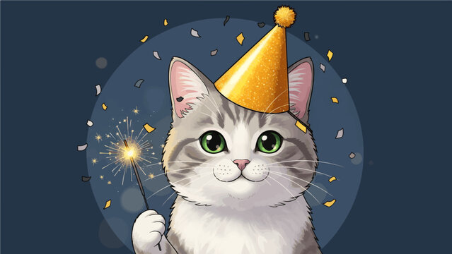 Cute cartoon vector illustration of a black cat with blue eyes playing with a ball and a mouse under the moon - Powered by Adobe