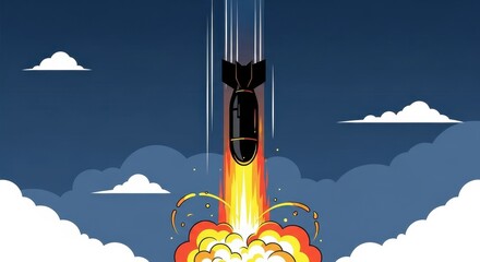 Cartoon depiction of a bomb with a fiery trail against a cloudy sky backdrop