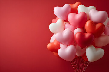 Valentine's day background with red and pink hearts like balloons on red background, flat lay, top-down view