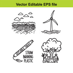  vector illustration of eco friendly icons including wind turbine and reusable straws