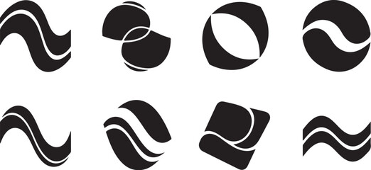 Eight abstract black modern wave and circular logo icons set
