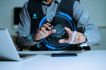 AI Artificial Intelligence. Business woman using AI technology for data analysis, coding computer language. Chat bot Chat with AI, using technology smart robot