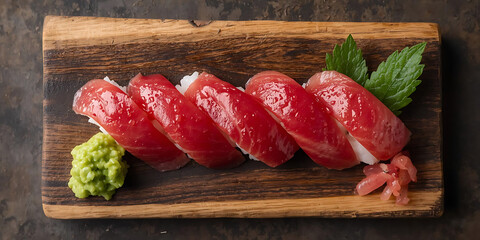 Tuna Nigiri Sushi Platter with Wasabi, Ginger, and Shiso Leaf