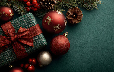 Merry Christmas and Happy Holidays greeting card, frame, banner. New Year. Noel. Red Christmas ornaments and gift on green background top view. Winter xmas holiday theme. Flat lay