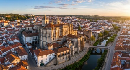 Obraz premium Stunning panoramic cityscape of Batalha Monastery and town during golden hour in Portugal