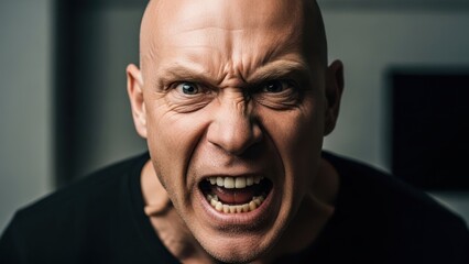 Bald man conveying intense anger with furrowed brow and open mouth screaming