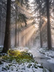 Misty Forest with Sunbeams
