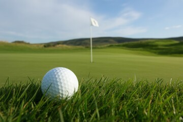 Obraz premium Close up of white golf ball on green grass of a golf course with putting green and flag in the background under blue sky