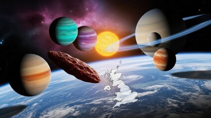 Cosmic alignment above the united kingdom featuring celestial bodies and planetary orchestration