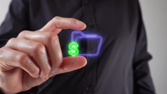 Organizing financial documents. Close-up of a woman's hands holding a virtual folder icon with a dollar sign between her two fingers.