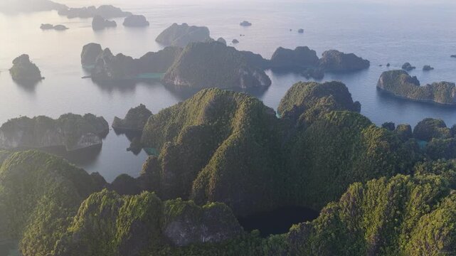 Beautiful rock islands, composed of ancient, uplifted reefs, rise from the seascape in Misool, Indonesia. This region harbors spectacular marine biodiversity and is a popular diving destination.