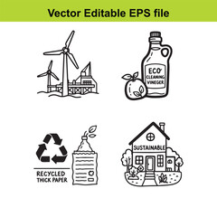  eco friendly vector icons set including wind turbines and sustainable home