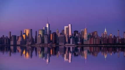 Fototapeta premium Beautiful city skyline reflection in calm water during a purple sunrise, urban landscape of a metropolitan downtown at dawn