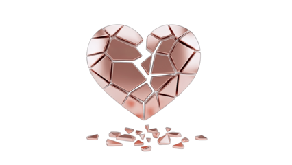 3D Broken Heart Shape Rose Gold Fragments on transparent background