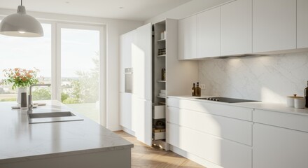 Bright Modern Kitchen with White Cabinets and Natural Light.