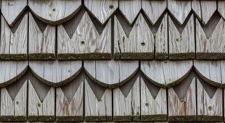 Intricate facade of aged wooden shingles displaying a unique architectural texture pattern