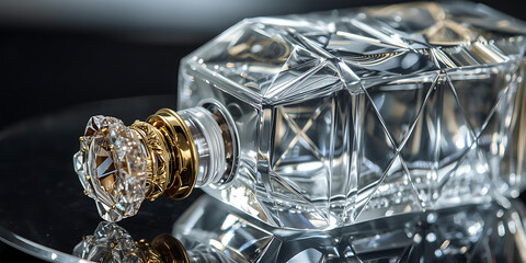 Crystal Perfume Bottle with Diamond Stopper and Gold Accents