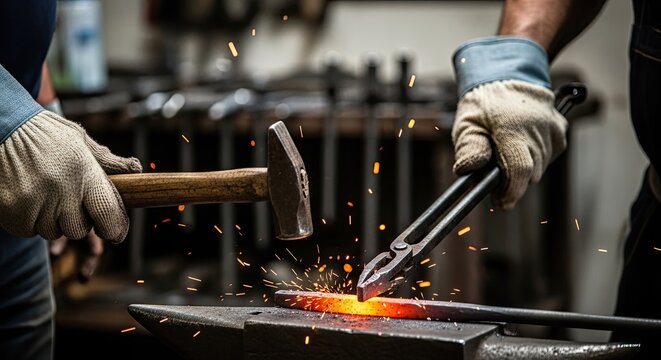 Two blacksmiths working with metal on an anvil in a workshop. - Powered by Adobe