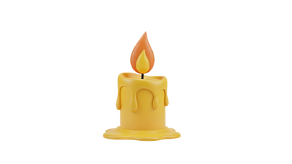 3D Cartoon candle with dripping wax and flame on transparent background