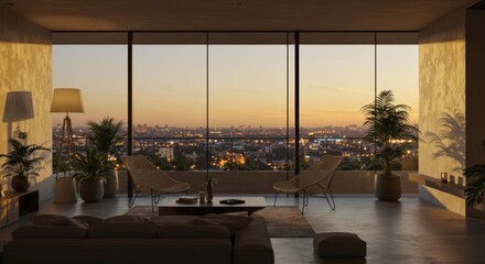 Modern Living Room with City View at Sunset.