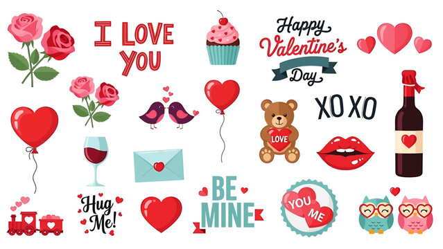 Valentine's Day stickers with hearts, love messages, and gifts