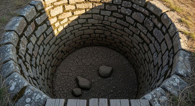 Intricate stone well structure displaying dried earth and subtle sunlight details - Powered by Adobe