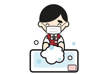 マスクをして手を洗うスーパーマーケットの男性店員