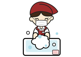 マスクをして手を洗うスーパーマーケットの女性店員