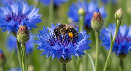 Captivating closeup of a bee gathering pollen on a vibrant blue cornflower in a natural setting